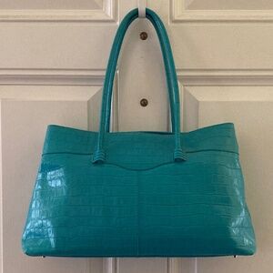 Maxx NY Croco Embossed Leather Double Handle Satchel/Turquoise/EUC/REDUCED PRICE